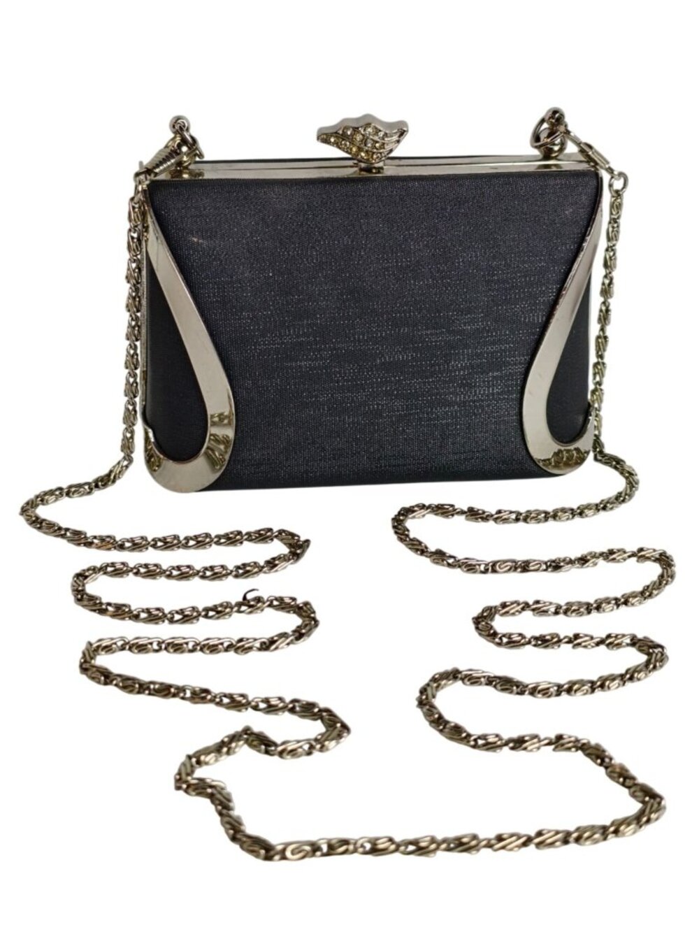 VTG Black Evening Clutch Hard Shell Purse Rhinestone Clasp Silver Elegant Gala